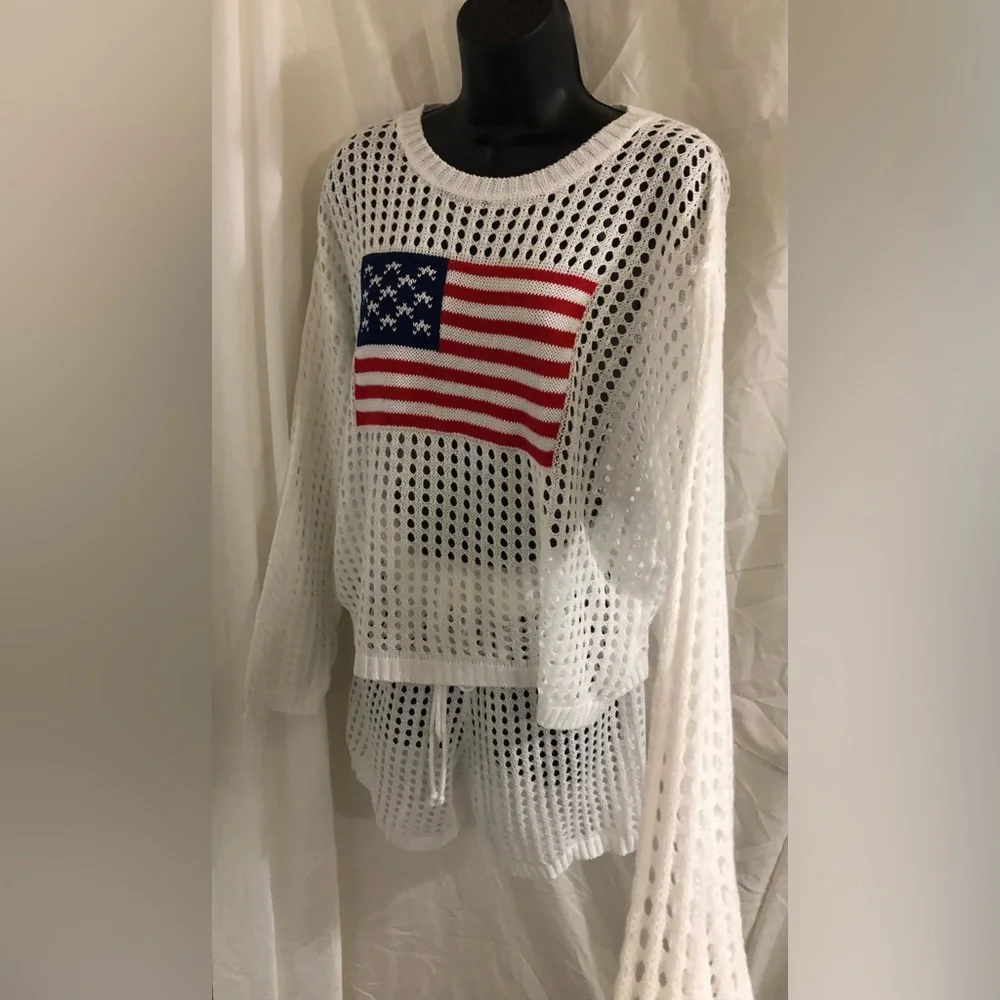 White 2pc American flag crochet mesh sweater & shorts coverup set size large new
